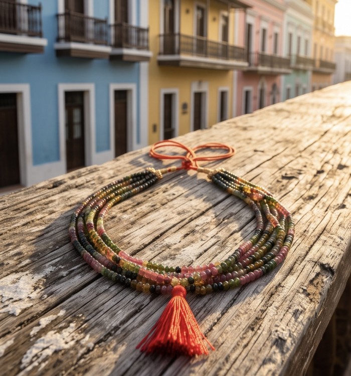 Infinity authentic 129.5 carat Brazilian Watermelon Tourmaline handcrafted necklace - Multi-strand necklace with red tassel, displayed on rustic wood.