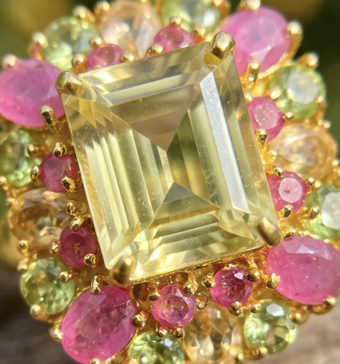 Esperanza - Luxurious 18.2 Lemon Quartz 18K Gold over .925 Sterling Silver handmade ring size 8 1/4 - Stone close-up of Esperanza ring with lemon quartz and colorful gems.