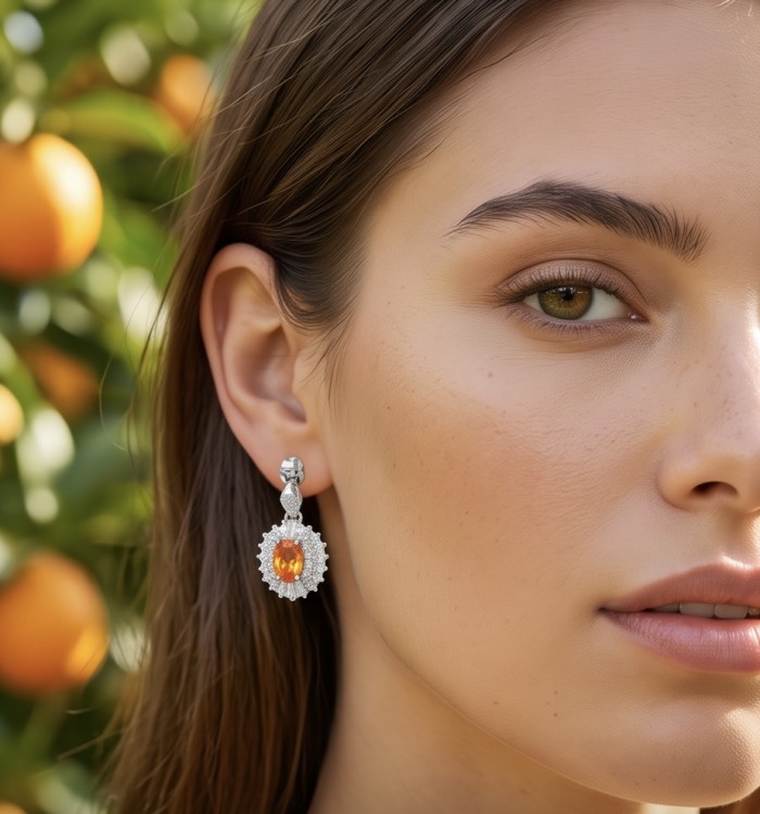 Valentina 2.5 carat Padparadscha Orange Sapphire .925 Sterling Silver handcrafted earrings - Close-up of Valentina orange sapphire earring worn on ear.
