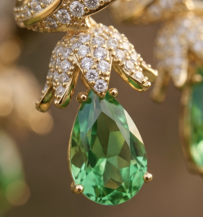 Luzurious 7.9 carat authentic Himalayan Peridot .925 Sterling Silver dipped in 14K Gold Handcrafted Statement Earrings - Close-up of luxurious Himalayan Peridot and diamond-studded jewelry.