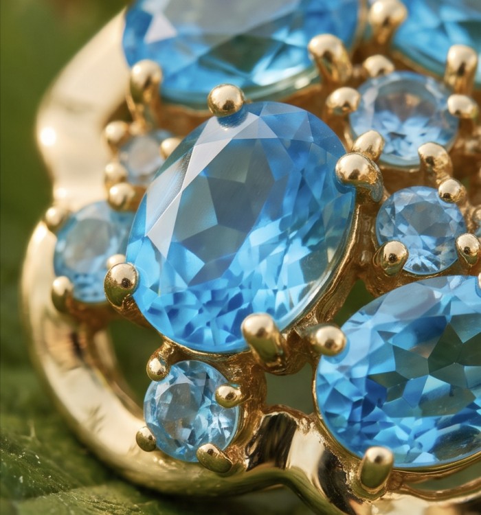 ENCHANTED GARDEN 14.3 carat Swiss Blue Topaz .925 Sterling Silver dipped in 22K Gold handcrafted ring size 6 3/4 - Close-up of ENCHANTED GARDEN Swiss Blue Topaz set in gold.