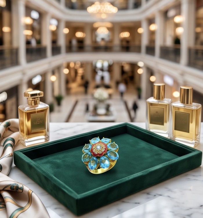 Enchanted Flower 25.3 carat Swiss Blue Topaz .925 Sterling Silver dipped in 22K Gold handcrafted ring size 7 1/4 - Enchanted Flower ring with Swiss Blue Topaz on display tray in store setting.