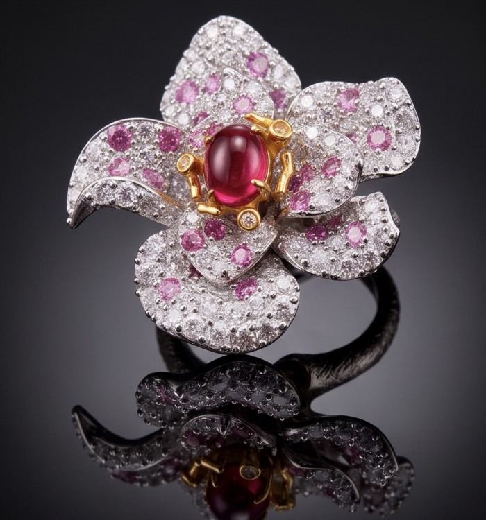Giovanna 3.6 carat Kashmir Ruby .925 Sterling Silver dipped in 22K Gold handmade Statement Ring size 6 1/2 - Floral design ring with ruby center, front angle, on reflective surface
