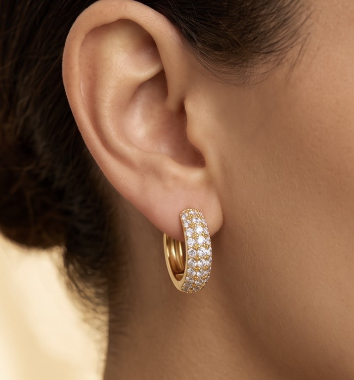 Dubai Style - 0.8 carat pave White Topaz .925 Sterling Silver dipped in 18K Gold handmade Earrings - Gold hoop with white topaz pave, side view worn on ear.