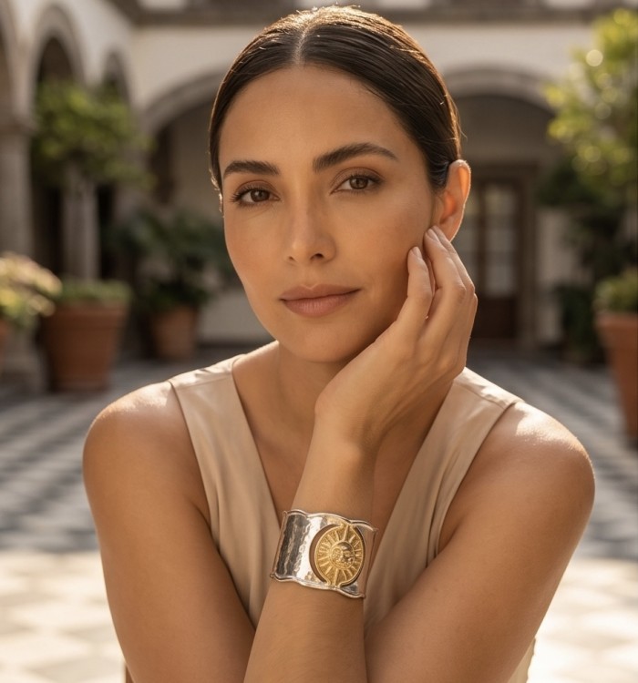 Renewal - Byzantine design 14K Gold over .925 Sterling Silver handcrafted Bracelet / Cuff - Woman wearing Renewal Byzantine bracelet in courtyard setting.
