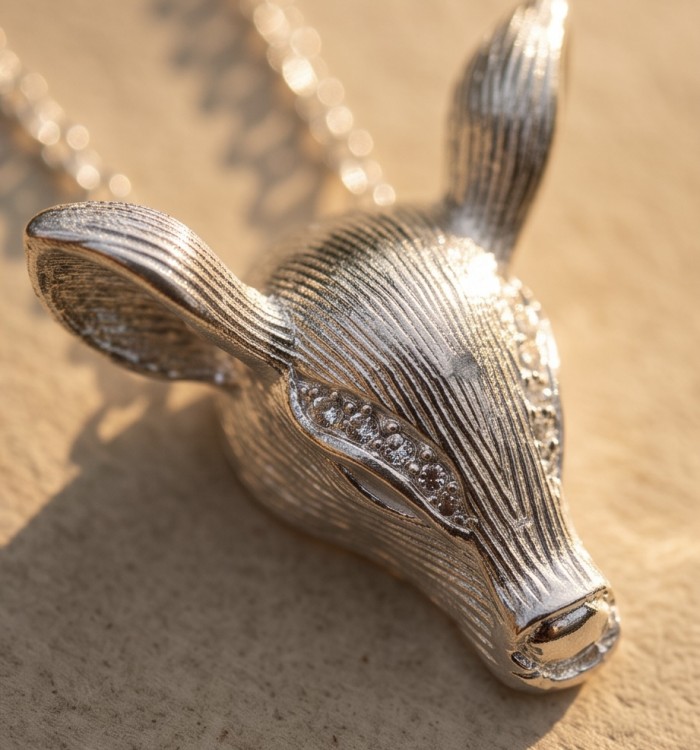 Deer'S Head 0.7 carat Emerald .925 Sterling Silver handmade Statement necklace - Close-up of sterling silver deer head pendant with emerald details