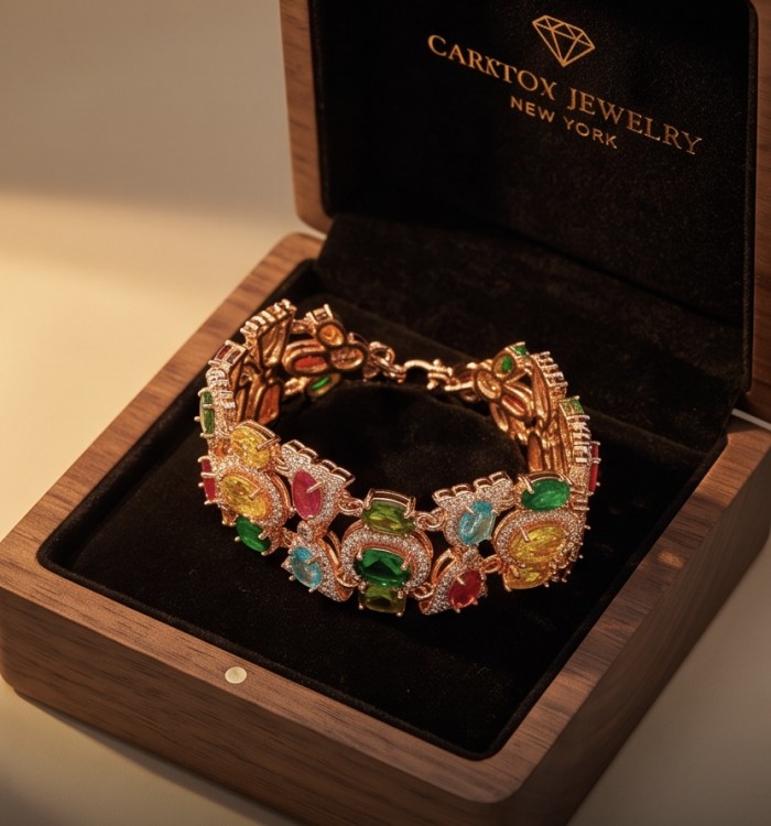Tutti Frutti 28.5 CARAT MULTIGEM 18K Rose Gold over .925 Sterling Silver brilliantly handcrafted Bracelet - Tutti Frutti bracelet in case, 28.5ct multigem, rose gold, top view.