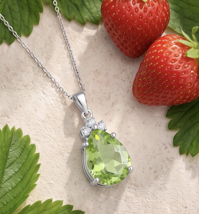 Rare - 8.5 carat Yellow-Green Tourmaline .925 Sterling Silver handmade Pendant - Necklace with pear-cut yellow-green tourmaline, top view with strawberries.