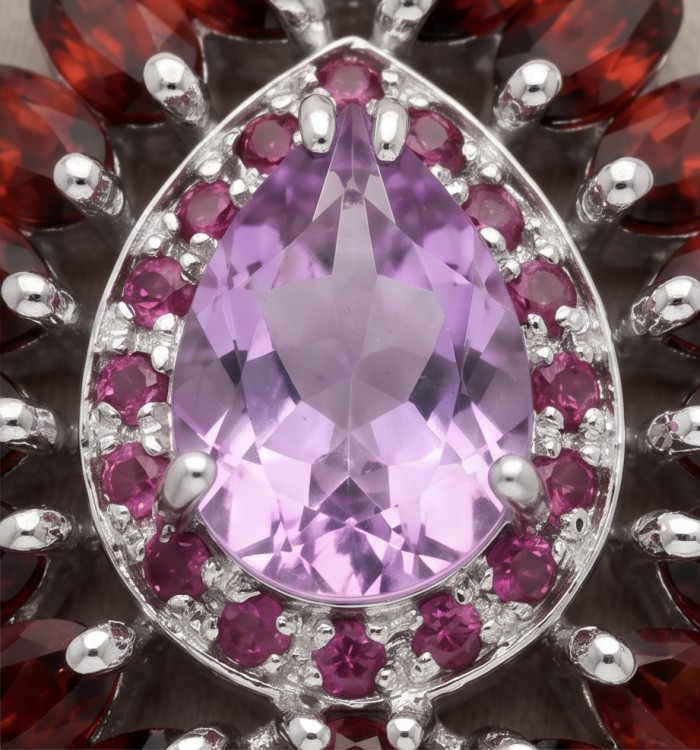 Divine creation 14.8 carat Precious Amethyst .925 Sterling Silver dipped in black rhodium handcarfted Pendant - Close-up of amethyst and gemstone necklace detail in sterling silver.