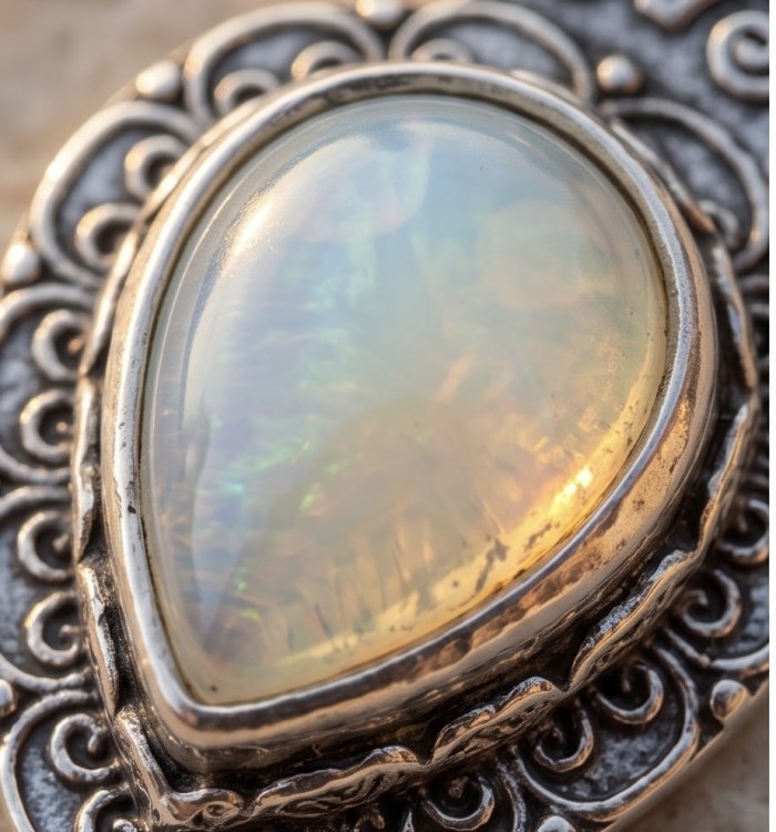 Incredible Design Opalite .925 Silver handmade Necklace - Opalite gemstone close-up in intricate silver setting