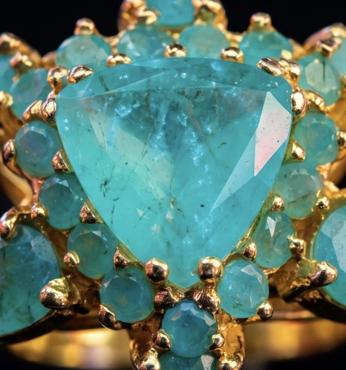 Elizabeth trillionl cut 12.8 carat top quality Colombian Emerald .925 Sterling Silver dipped in 22K Gold handcrafted Ring size 7 - Close-up of a Colombian emerald ring with trillion cut and gold setting.