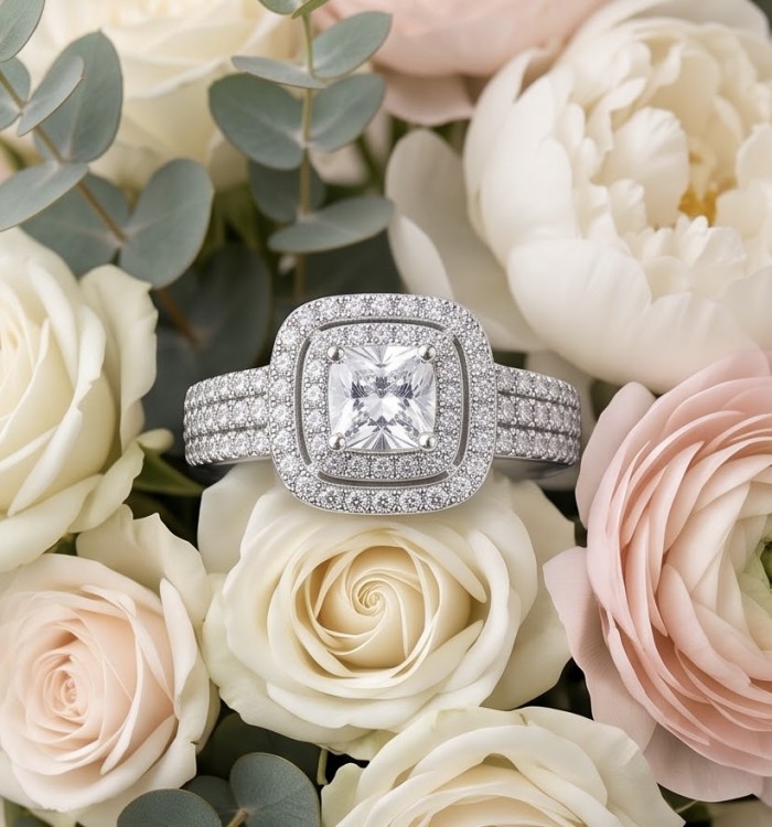 Real Beauty - 5.5 carat White Topaz .925 Sterling Silver Handcrafted Statement Ring size 7 1/2 - White topaz ring with floral background, top view close-up.