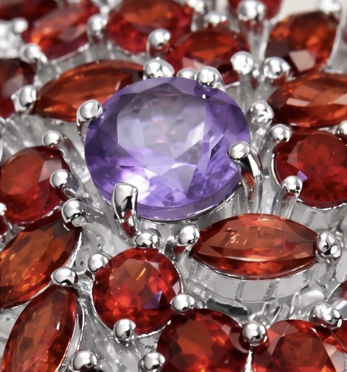 Clementine - Precious 32.5 carat Multigem .925 Sterling Silver dipped in rhodium handcrafted Statement Ring size 7 - Stone close-up of Clementine multigem sterling silver jewelry.