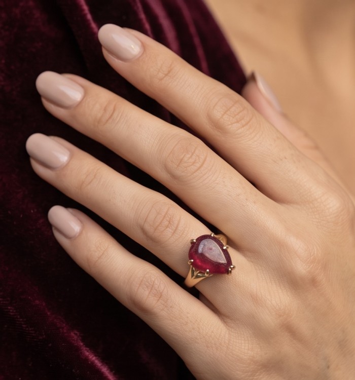 Scarlett 10.7 ctw Mozambique Ruby .925 Sterling Silver DIPPED IN 18k GOLD handcrafted Statement Ring size 6 - Ruby ring worn on hand, close-up view.