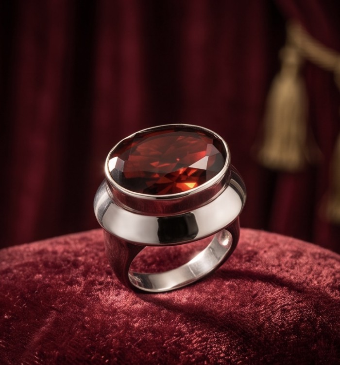Celestrial Energy Natural 15.4 carat Garnet .925 Sterling Silver handmade Large Statement Ring size 8 - Garnet ring close-up on red velvet background.