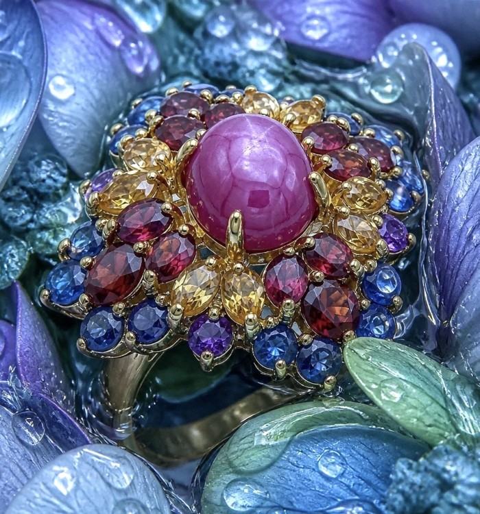 Bella Rosa Genuine 17.5 CARAT Star Ruby 22K Gold over .925 Sterling Silver Large Statement Ring size 8 - Close-up of Bella Rosa star ruby ring with colorful gemstones.