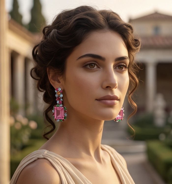 Large - Tiffany - authentic 41.5 carat Pink Sapphire rhodium over .925 Sterling Silver handcrafted Statement Earrings - Woman wearing large pink sapphire earrings, side view.