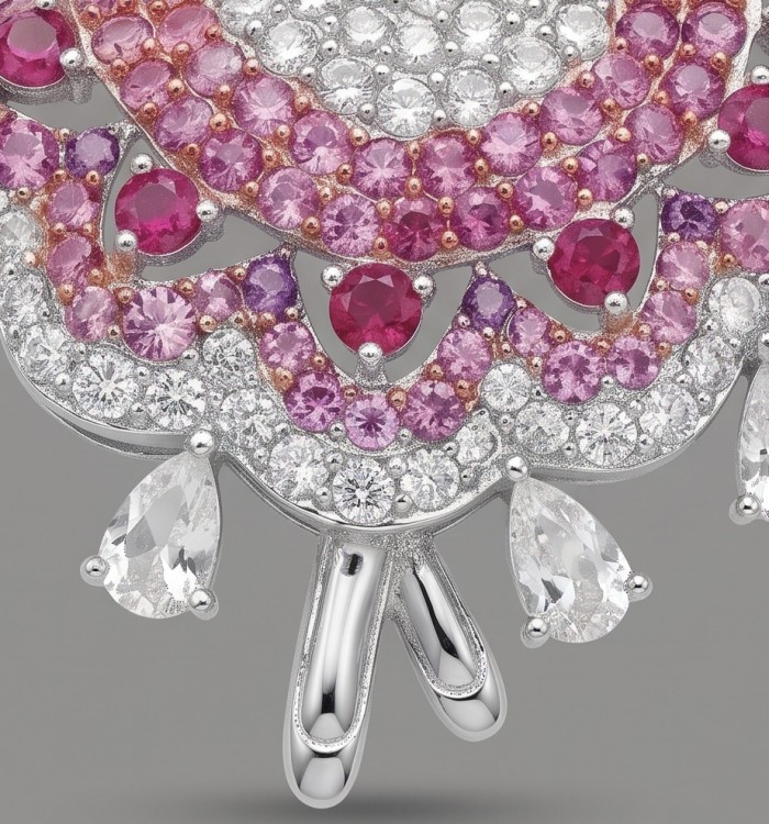 Ballerina - Precious 8.2 carat Colombian Ruby rhodium over .925 Sterling Silver handmade Pendant - Brooch - Close-up of Ballerina jewelry with rubies and diamonds detailing.