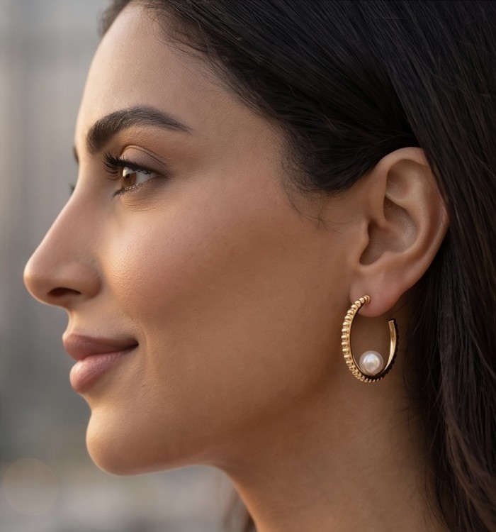 Baroque style Precious natural Pearl Gold over .925 Sterling Silver handcrafted earrings - Side view of gold hoop earring with pearl on woman's ear.