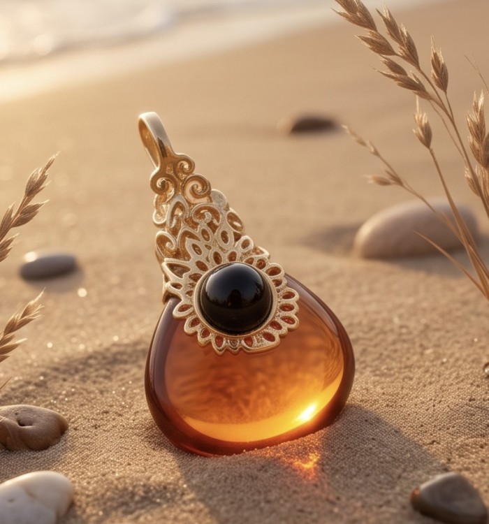 Prehistoric Authentic Golden Baltic Amber 18K Gold over .925 Sterling Silver beautifully handcrafted Pendant - Amber pendant with intricate gold design on sandy beach, side view.