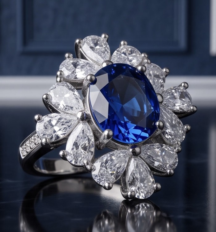 Authentic 3.5 carat Kyanite Moissanite .925 Sterling Silver handcrafted Ring size 5 - Kyanite ring with moissanite accents, close-up view on reflective surface