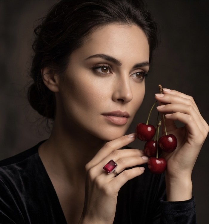 Bella Rosa Genuine 10.5 CARAT baquette cut Ruby rhodium over .925 Sterling Silver Statement Ring size 6 - Close-up of Bella Rosa 10.5 carat ruby ring worn on hand with cherries.