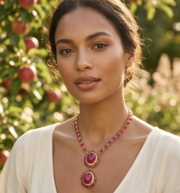 RARE BEAUTY Valentina 88.2 carat Mozambique Ruby 22K Gold .925 Sterling Silver Statement Necklace - Woman wearing RARE BEAUTY Valentina ruby necklace, front view.