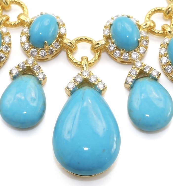 Blue Dreamland - Luxurious stabilized Turquoise 18K Gold over .925 Sterling Silver handmade Statement necklace - Turquoise necklace close-up with gold and diamond detailing