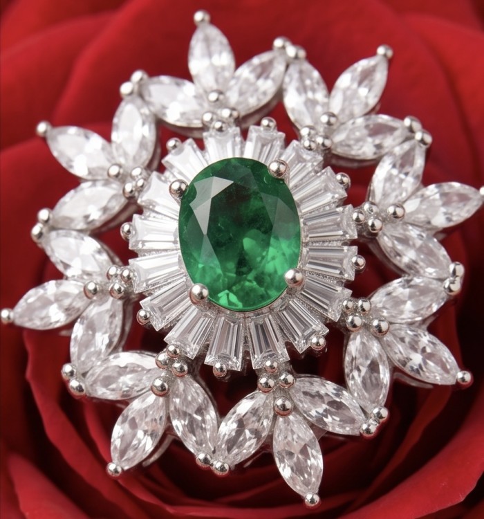 Ofelia - Authentic 5.5 CARAT natural Colombian Emerald .925 Sterling Silver dipped in rhodium handcrafted Ring size 8 - Close-up of Ofelia Colombian Emerald ring on red rose background