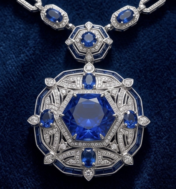Art Deco - Pacifica - 88.4 carat Sapphire Enamel .925 Sterling Silver handmade Statement necklace; 24 inches long - Art Deco necklace stone close-up; 88.4 carat sapphire, sterling silver.