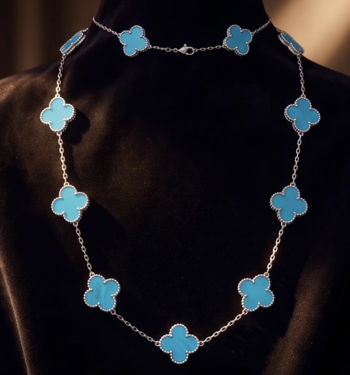 36 inches Outstanding authentic inlay Turquoise Lucky Four Leaf Clover .925 Sterling Silver necklace - Turquoise clover necklace on display, showcasing full length and clasp detail.