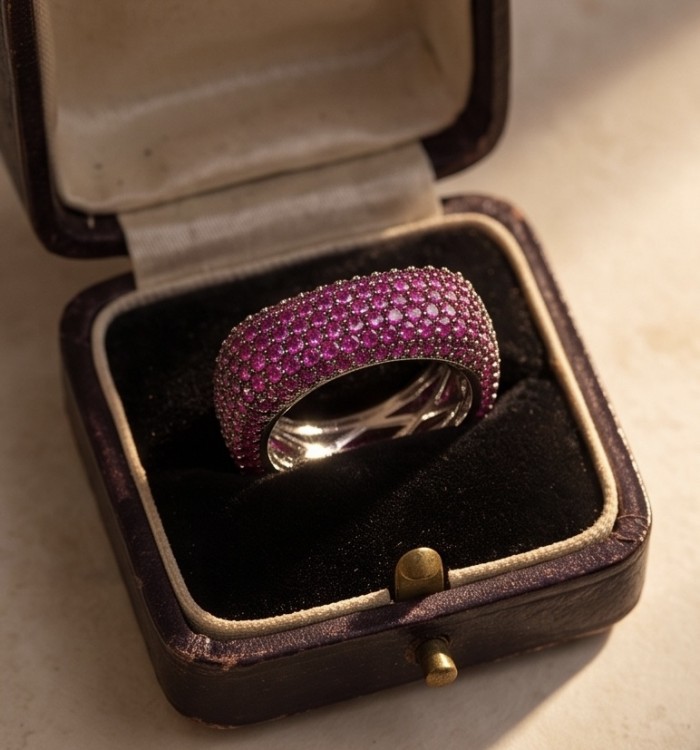 Giovanna 8.7 carat pave Kashmir Ruby .925 Sterling Silver handmade Statement Ring size 6 3/4 - Ring in box, top view: 8.7 carat Kashmir Ruby on sterling silver band.