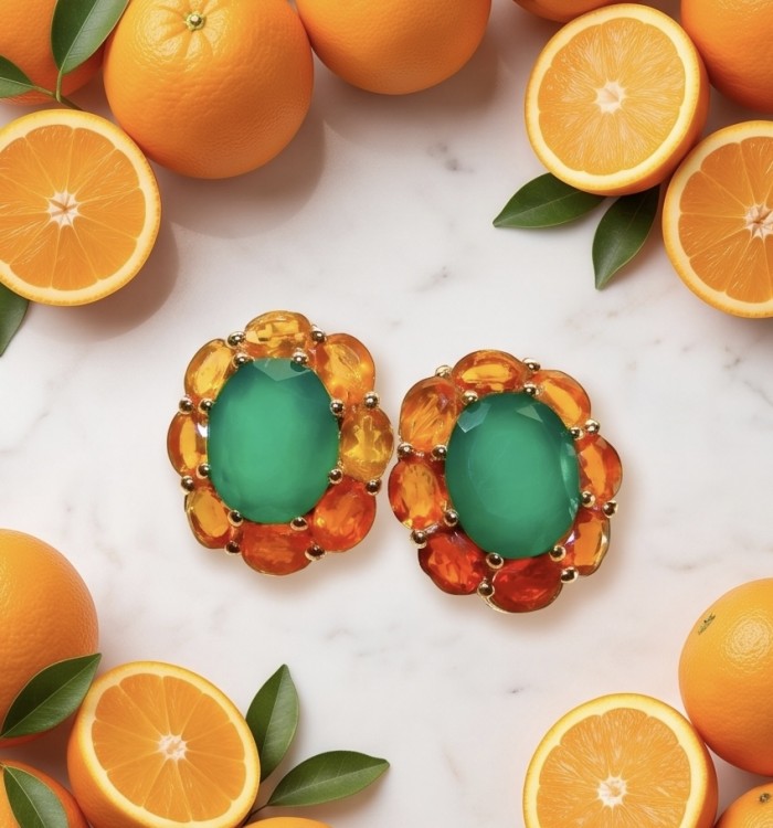 Giovanna - Authentic 4.5 CARAT natural Colombian Emerald .925 Sterling Silver handcrafted Statement earrings - Top view of emerald earrings surrounded by oranges.