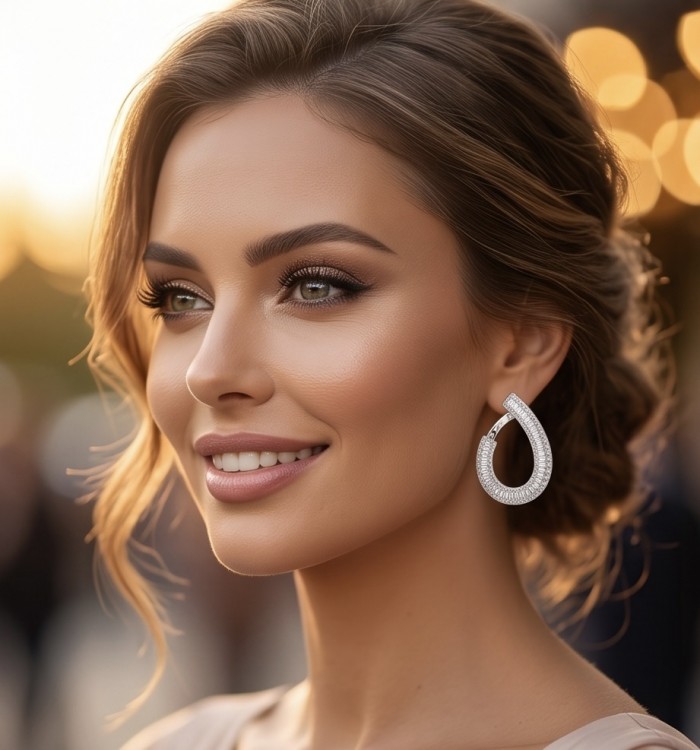 Art Deco Natural 6.5 carat White Topaz rhodium over .925 Sterling Silver handcrafted earrings - Side view of woman wearing Art Deco white topaz earrings in evening light.