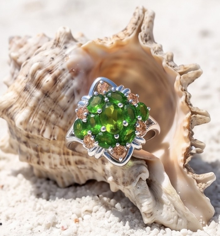 4.8 carat authentic Tsavorite Garnet .925 Sterling Silver handcrafted Statement Ring s. 7 1/2 - Tsavorite Garnet silver ring on shell, stone close-up view.