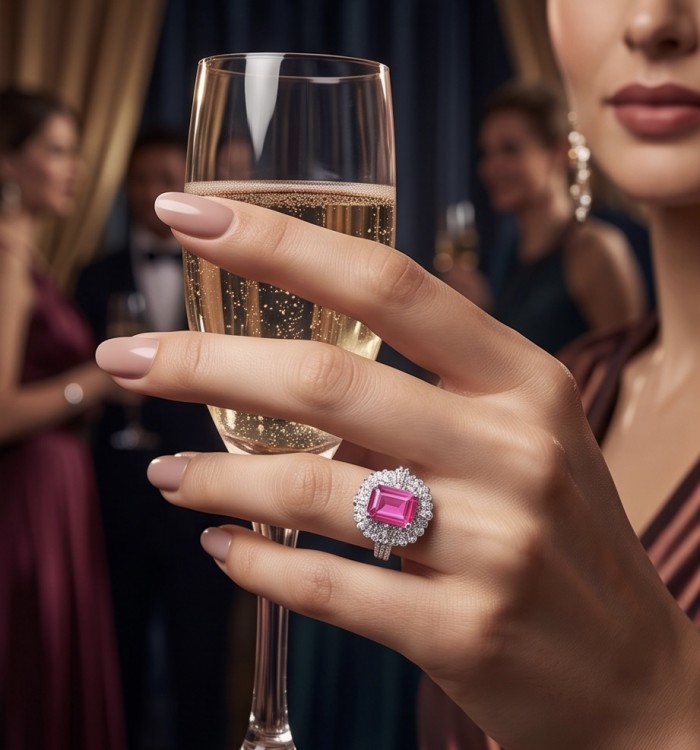 Anastasia 6.8 carat Pink Sapphire .925 Sterling Silver dipped in Rhodium Handcrafted Statement Ring size 7 - Close-up of Anastasia 6.8 carat pink sapphire ring worn on hand