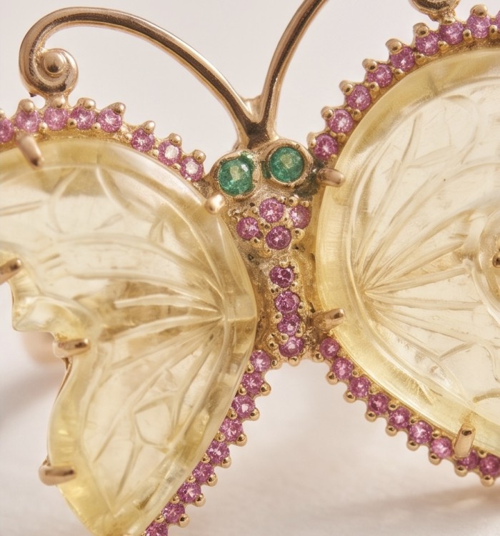 RARE BUTTERFLY Authentic 8.5 carat CARVED Brazilian Citrine .925 Sterling Silver brilliantly dipped in 18k Gold handcrafted Statement ring; s. 9 - Close-up of carved citrine butterfly with pink and green gemstone accents.