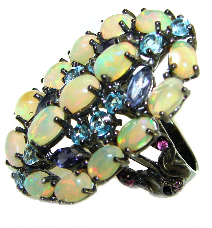 Mesmerizing Fire best quality Mexican Opal Ethiopian Opal black rhodium over .925 Sterling Silver handmade ring 8 - photo 2