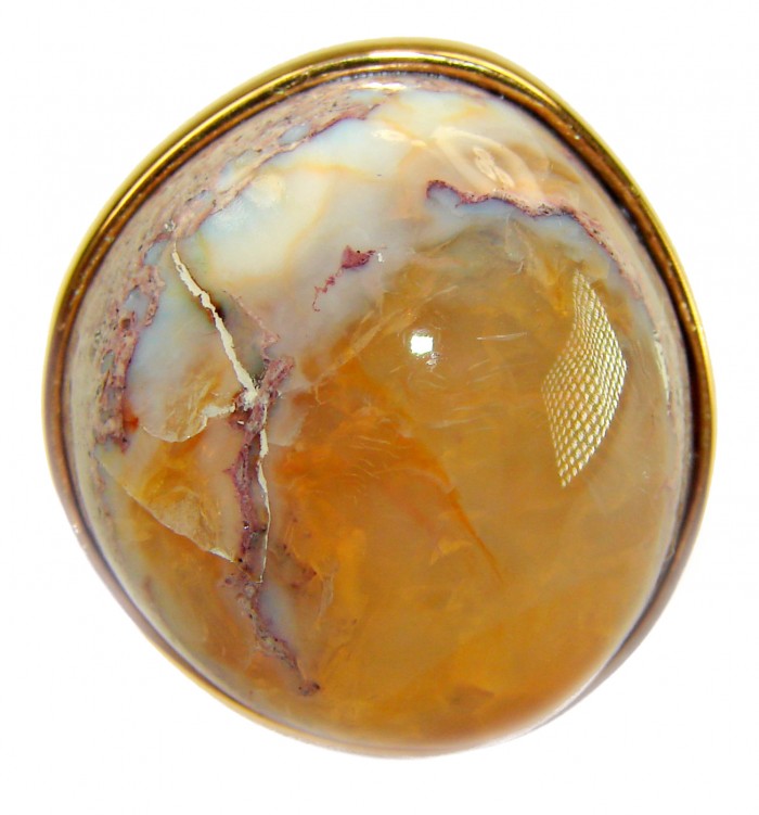 Golden Galaxy best quality 30.7carat Mexican Opal 18K Gold over .925 Sterling Silver handmade ring 7 adjustable - Close-up of Mexican Opal stone set in 18K gold from top angle.