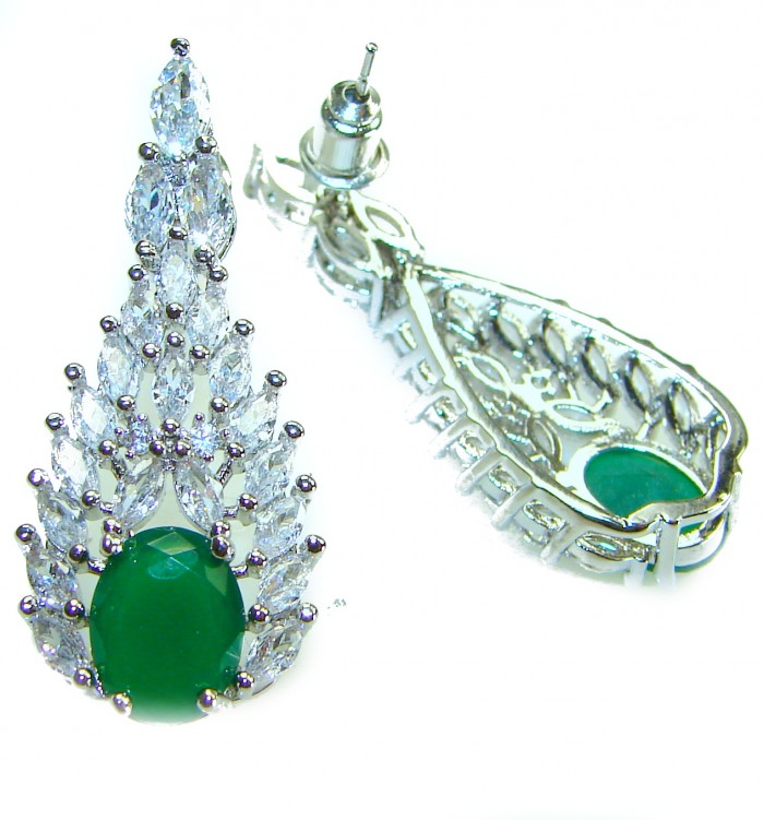 Sofia - Authentic 7.9 carat Emerlad .925 Sterling Silver handcrafted earrings - Emerald earrings close-up, front and back view.