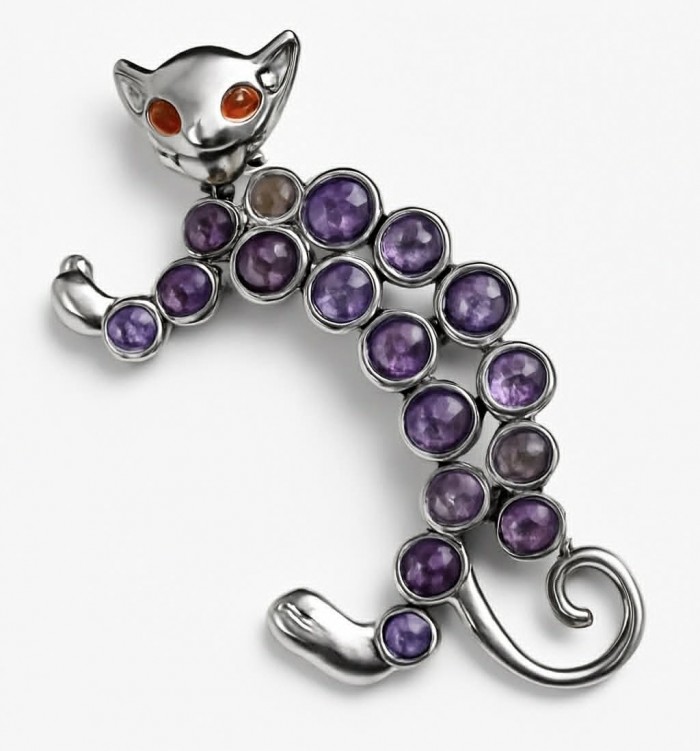 Purple Cat - 16.8 carat Natural Amethyst .925 Sterling Silver handmade Pendant Brooch - Cat-shaped amethyst brooch, front view, sterling silver setting.