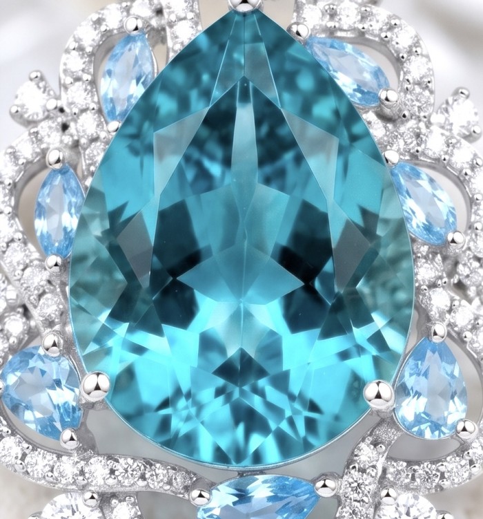 Atlantica - amazing quality pearl cut 14.5 CARAT genuine Swiss Blue Topaz rhodium over .925 Sterling Silver handmade pendant - Close-up of Atlantica teardrop gem with diamond and blue stone accents
