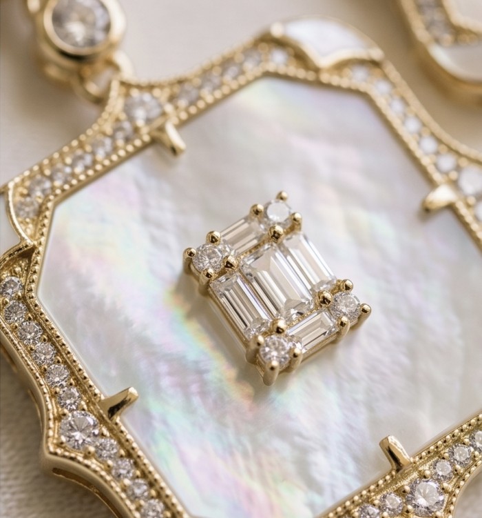 Luxurious Genuine Blister Pearl 0.4 CARAT lab grown Diamond 18K Gold over .925 Sterling Silver handcrafted Statement Earrings - Close-up of luxurious blister pearl and diamond pendant details.