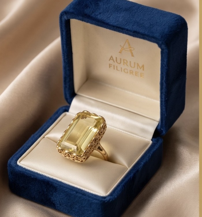 Authentic baguette cut 18.8 carat yellow Sapphire 22K Gold over .925 Sterling Silver handmade Ring s. 9 1/4 - Yellow sapphire ring in blue velvet box, top view