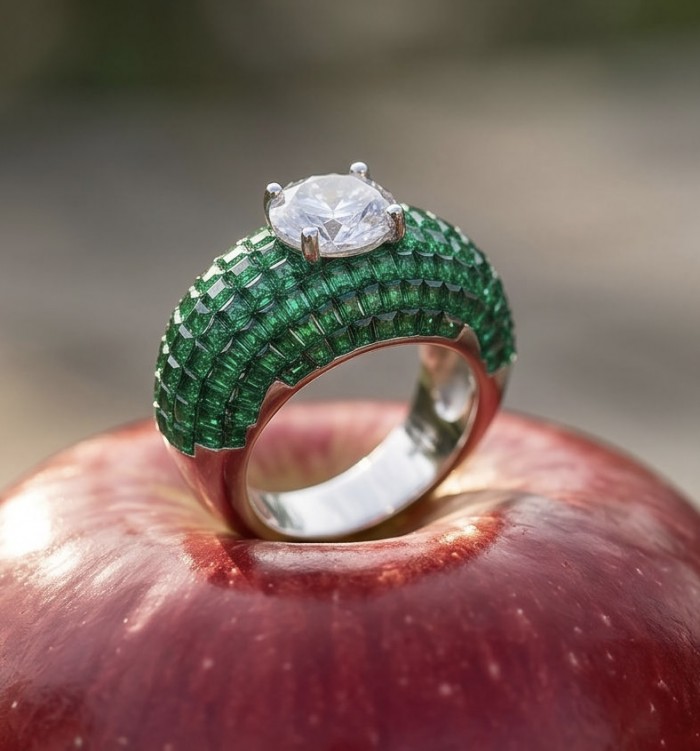 Born to Glam mystery setting 14.2 carat natural Emerald .925 Sterling Silver Perfectly handcrafted Ring s. 7 - Emerald ring side view on apple background, 14.2 carat, .925 setting