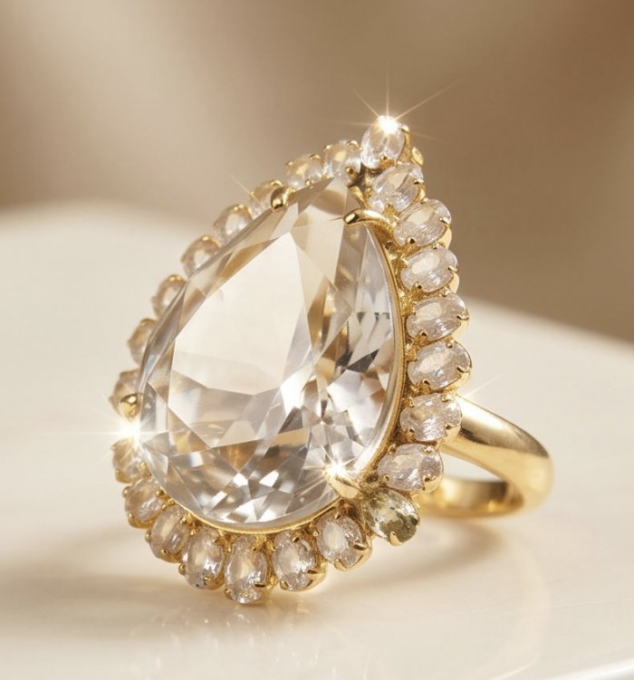Massive Authentic pear cut 35.2 carat White Topaz 18K Gold over .925 Sterling Silver ring s. 8 - Close-up of a pear-cut white topaz ring with gold setting.