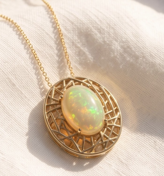 Earth Treasure Authentic 12.8 carat Golden Ethiopian Opal 22K Gold over .925 Sterling Silver handcrafted Statament Necklace - Golden Ethiopian opal pendant close-up on fabric background.