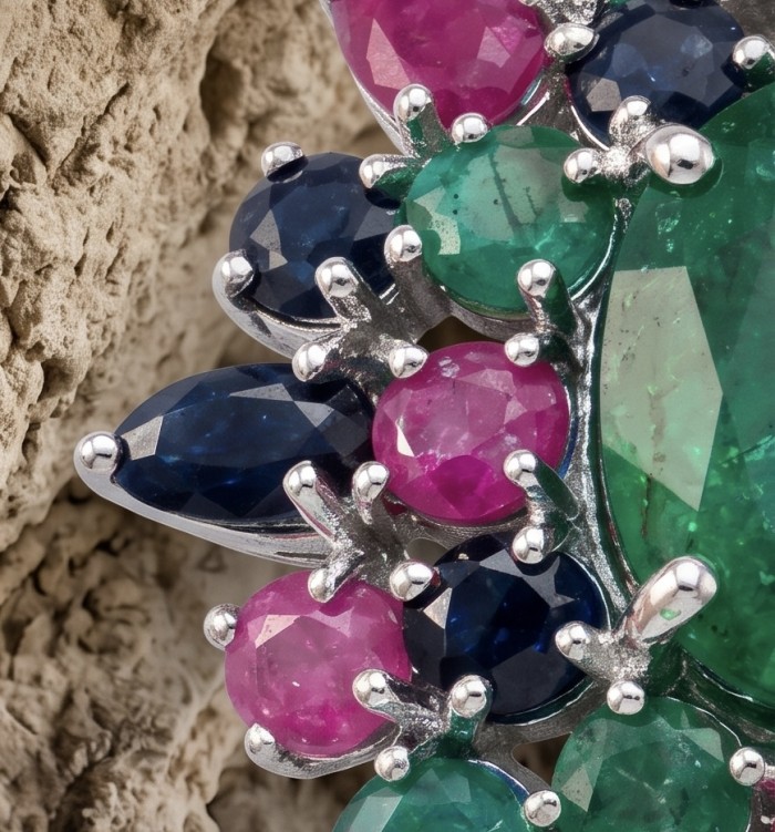 Tiffany - Authentic 8.5 carat Emerald 18K Gold over .925 Sterling Silver handmade Statement Pendant - Close-up of multicolored gemstone cluster in silver setting.