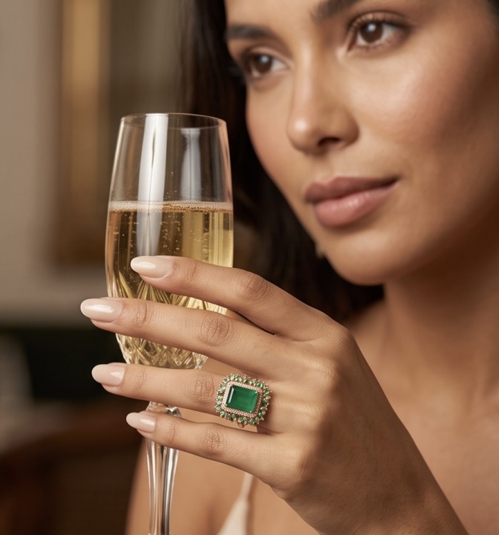Elizabeth baquette cut 24.8 carat Colombian Emerald 22K Rose Gold over .925 Sterling Silver handcrafted Ring size 7 1/2 - Close-up of Emerald ring on hand holding a champagne glass.