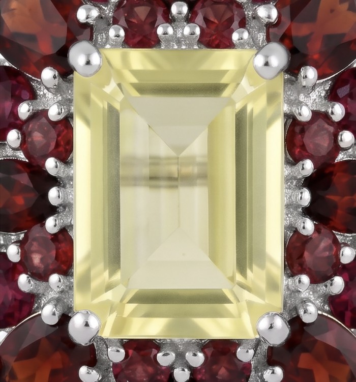 Victoria Authentic 10.5 carat Brazilian Citrine .925 Sterling Silver brilliantly dipped in rhodium handcrafted Statement earrings - Citrine and red gem close-up in sterling silver setting.